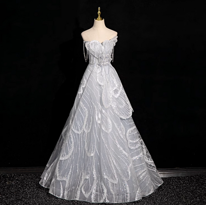 Silver grey A-line  off-shoulder tulle sequin long prom dress, silver grey formal long dress ED01149