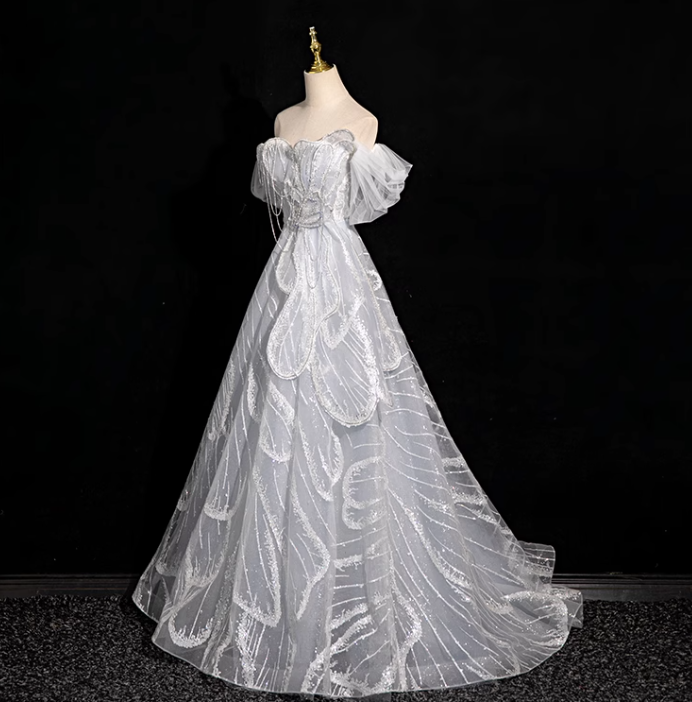 Silver grey A-line  off-shoulder tulle sequin long prom dress, silver grey formal long dress ED01149
