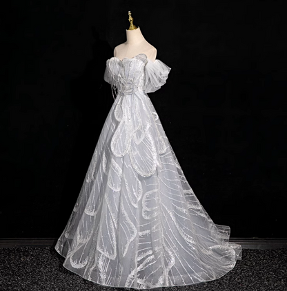 Silver grey A-line  off-shoulder tulle sequin long prom dress, silver grey formal long dress ED01149
