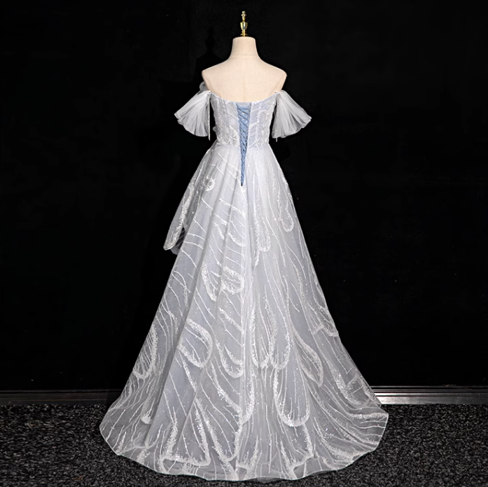 Silver grey A-line  off-shoulder tulle sequin long prom dress, silver grey formal long dress ED01149