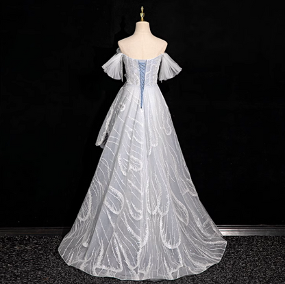 Silver grey A-line  off-shoulder tulle sequin long prom dress, silver grey formal long dress ED01149