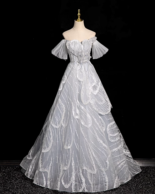 Silver grey A-line  off-shoulder tulle sequin long prom dress, silver grey formal long dress ED01149