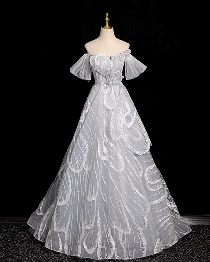 Silver grey A-line  off-shoulder tulle sequin long prom dress, silver grey formal long dress ED01149
