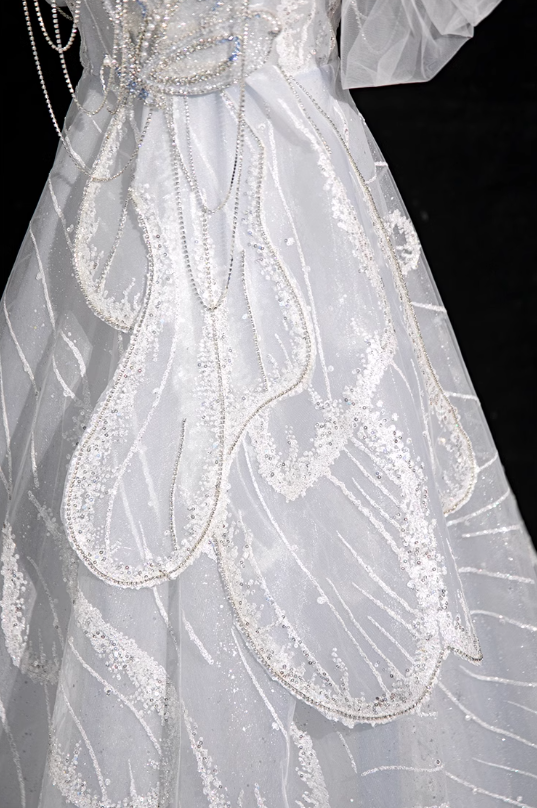 Silver grey A-line  off-shoulder tulle sequin long prom dress, silver grey formal long dress ED01149