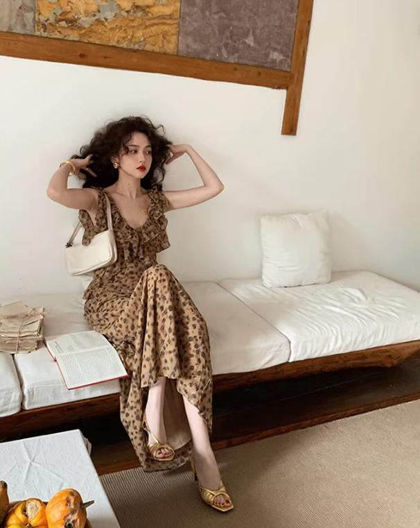 French retro leopard print v-neck sling ruffle summer slim fit chiffon long skirt for women ED0114