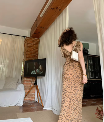 French retro leopard print v-neck sling ruffle summer slim fit chiffon long skirt for women ED0114