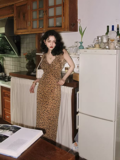 French retro leopard print v-neck sling ruffle summer slim fit chiffon long skirt for women ED0114