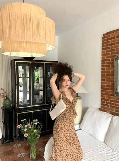 French retro leopard print v-neck sling ruffle summer slim fit chiffon long skirt for women ED0114
