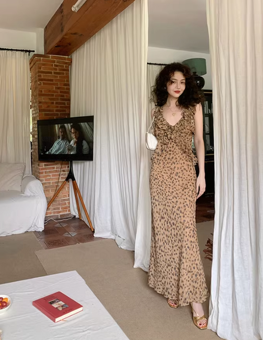 French retro leopard print v-neck sling ruffle summer slim fit chiffon long skirt for women ED0114