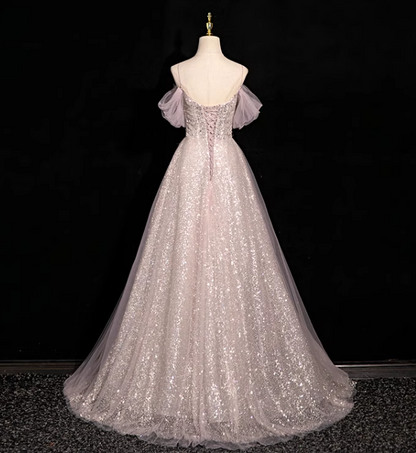 Pink A-line off-shoulder sequined tulle long prom dress, pink formal long dress ED01150
