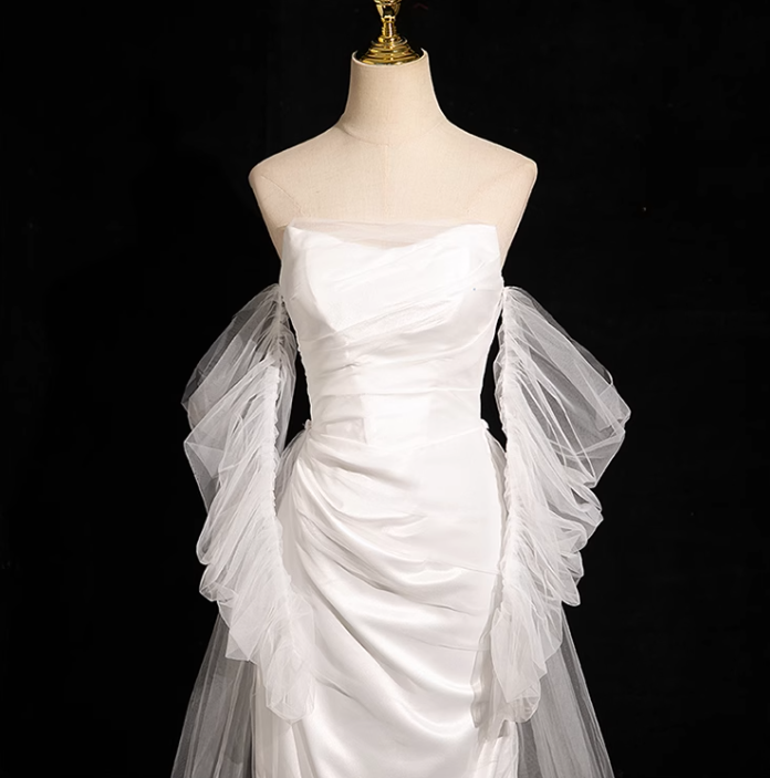 White Mermaid strapless satin tulle long prom dress, white formal long dress ED01151
