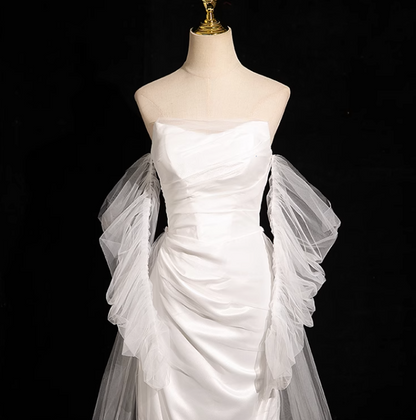 White Mermaid strapless satin tulle long prom dress, white formal long dress ED01151