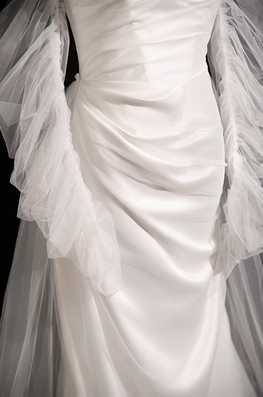 White Mermaid strapless satin tulle long prom dress, white formal long dress ED01151