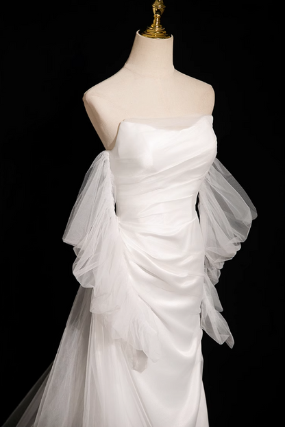 White Mermaid strapless satin tulle long prom dress, white formal long dress ED01151