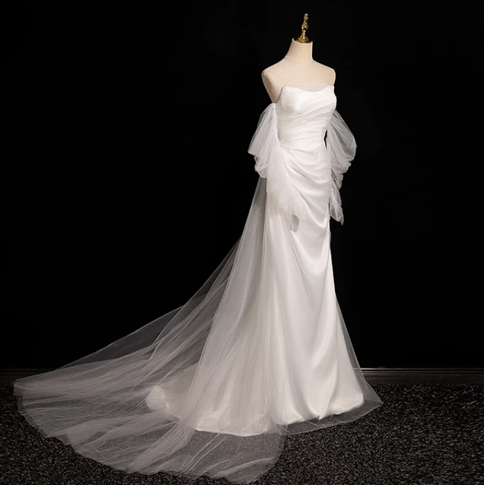 White Mermaid strapless satin tulle long prom dress, white formal long dress ED01151