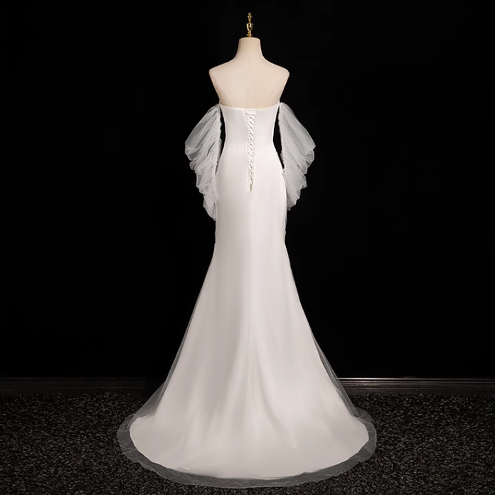 White Mermaid strapless satin tulle long prom dress, white formal long dress ED01151