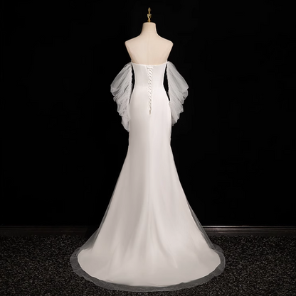 White Mermaid strapless satin tulle long prom dress, white formal long dress ED01151