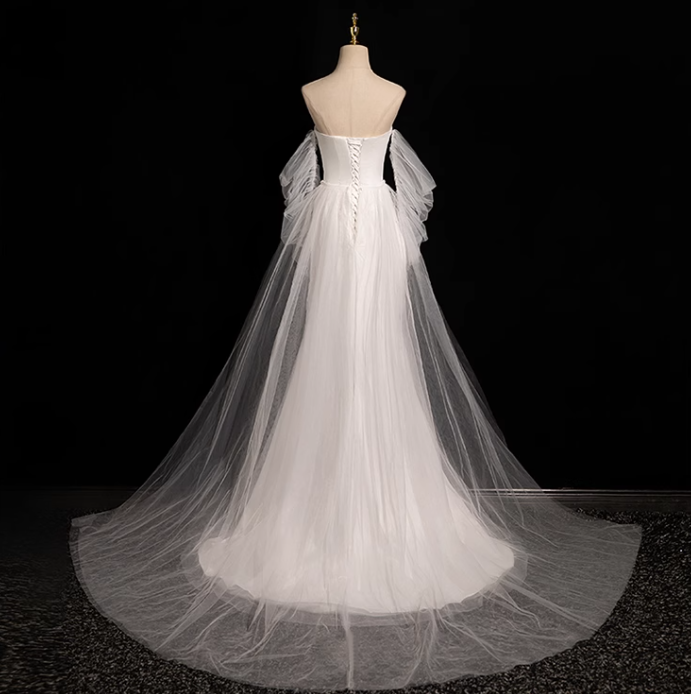 White Mermaid strapless satin tulle long prom dress, white formal long dress ED01151