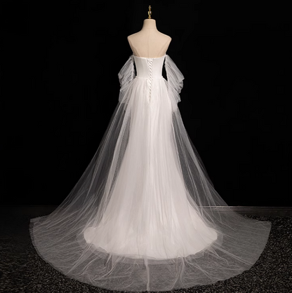 White Mermaid strapless satin tulle long prom dress, white formal long dress ED01151