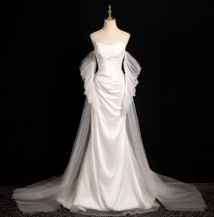 White Mermaid strapless satin tulle long prom dress, white formal long dress ED01151
