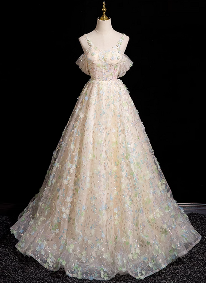 Champagne A-line sweetheart neck tulle beaded long prom dress, champagne formal long dress ED01152