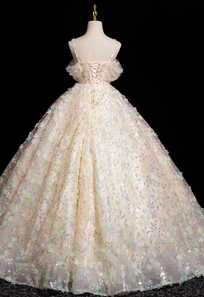 Champagne A-line sweetheart neck tulle beaded long prom dress, champagne formal long dress ED01152