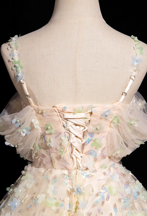 Champagne A-line sweetheart neck tulle beaded long prom dress, champagne formal long dress ED01152