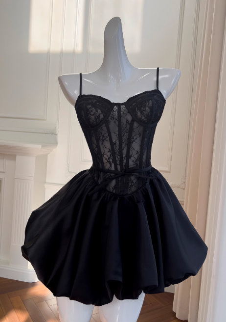 Black A-line Sweetheart Neck Lace Satin Short Prom Dress, Black Homecoming Dress ED01153