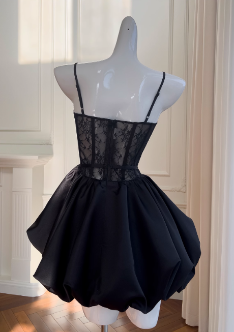 Black A-line Sweetheart Neck Lace Satin Short Prom Dress, Black Homecoming Dress ED01153
