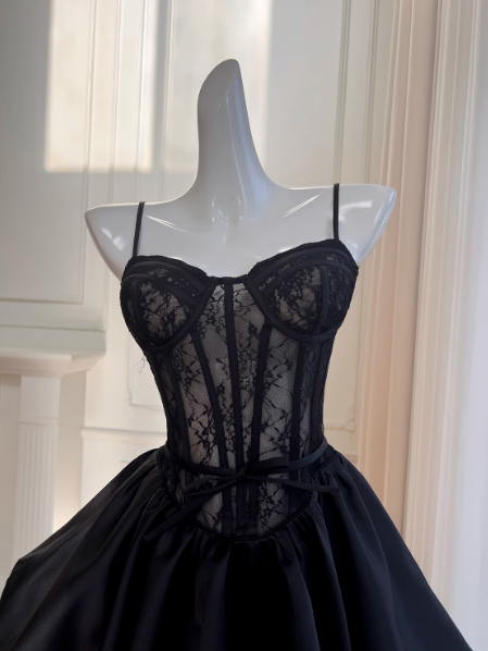 Black A-line Sweetheart Neck Lace Satin Short Prom Dress, Black Homecoming Dress ED01153
