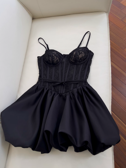 Black A-line Sweetheart Neck Lace Satin Short Prom Dress, Black Homecoming Dress ED01153