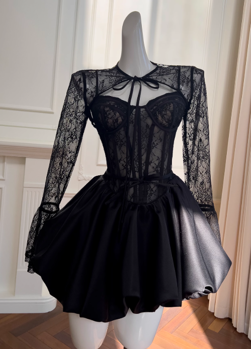 Black A-line Sweetheart Neck Lace Satin Short Prom Dress, Black Homecoming Dress ED01153