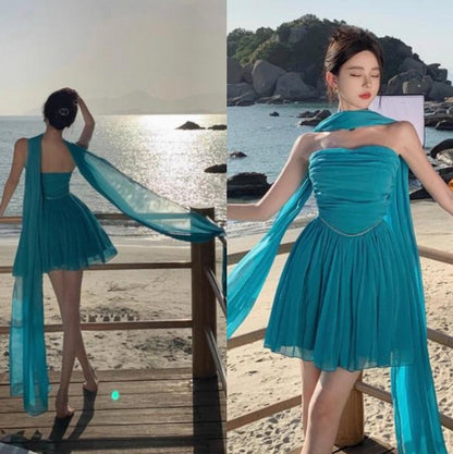 Lake blue A-line strapless chiffon short prom dress, lake blue homecoming dress ED01154