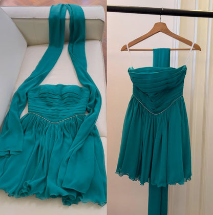 Lake blue A-line strapless chiffon short prom dress, lake blue homecoming dress ED01154