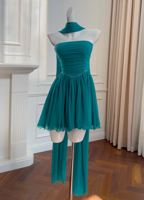 Lake blue A-line strapless chiffon short prom dress, lake blue homecoming dress ED01154