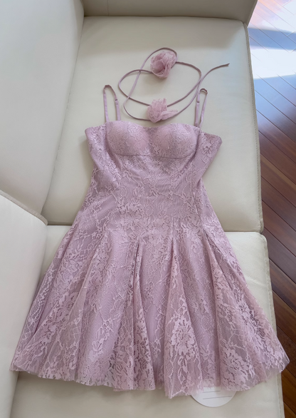 Light purple A-line spaghetti strap lace short prom dress, purple homecoming dress ED01155