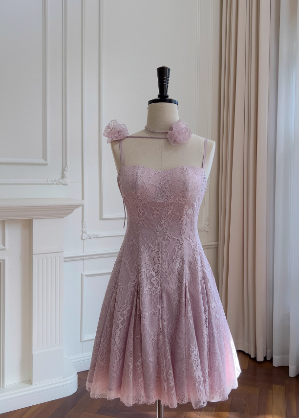 Light purple A-line spaghetti strap lace short prom dress, purple homecoming dress ED01155