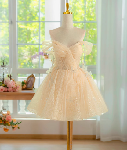 Champagne A-line off shoulder tulle lace short prom dress, champagne homecoming dress ED01158