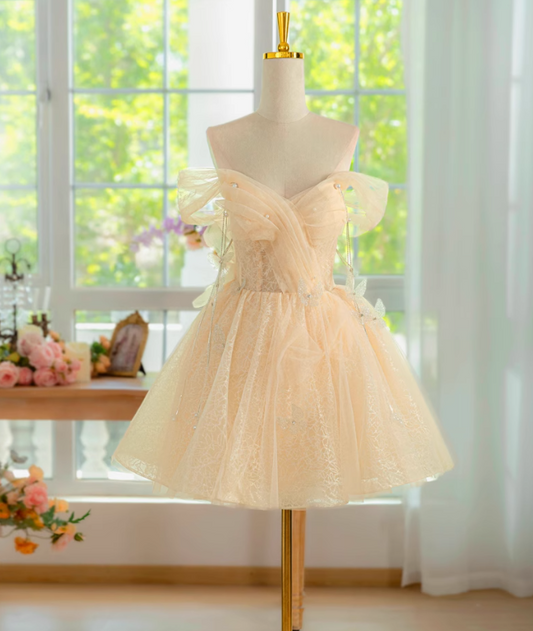 Champagne A-line off shoulder tulle lace short prom dress, champagne homecoming dress ED01158