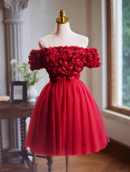 Burgundy A-line off-the-shoulder tulle short prom dress, Burgundy engagement dress homecoming dress ED01160