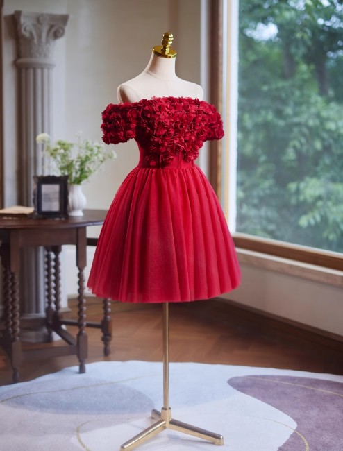 Burgundy A-line off-the-shoulder tulle short prom dress, Burgundy engagement dress homecoming dress ED01160