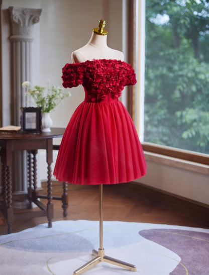Burgundy A-line off-the-shoulder tulle short prom dress, Burgundy engagement dress homecoming dress ED01160