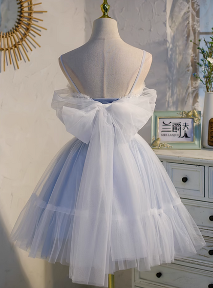 Light blue A-line tulle lace beaded short prom dress, light blue homecoming dress ED01161
