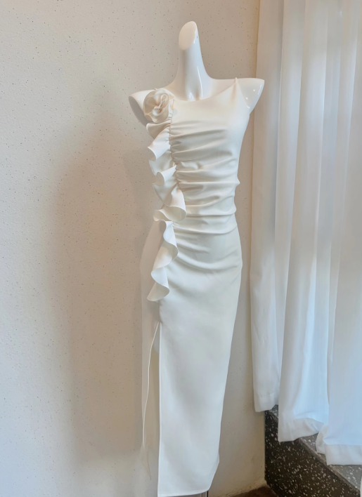 White ruffled  suspender dress temperament banquet dress ED01165