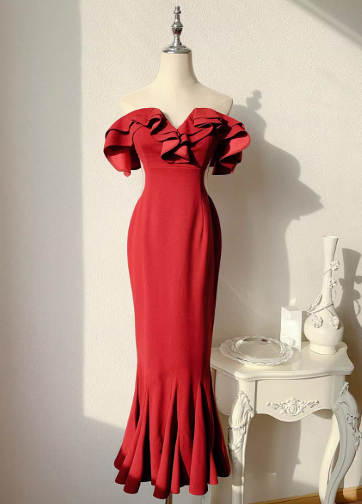 French Burgundy Off-the-shoulder Fishtail Dress Slim Fit Party Dress ED01166