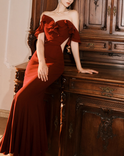 French Burgundy Off-the-shoulder Fishtail Dress Slim Fit Party Dress ED01166