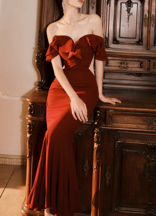French Burgundy Off-the-shoulder Fishtail Dress Slim Fit Party Dress ED01166