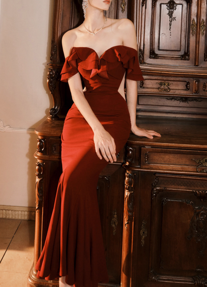 French Burgundy Off-the-shoulder Fishtail Dress Slim Fit Party Dress ED01166