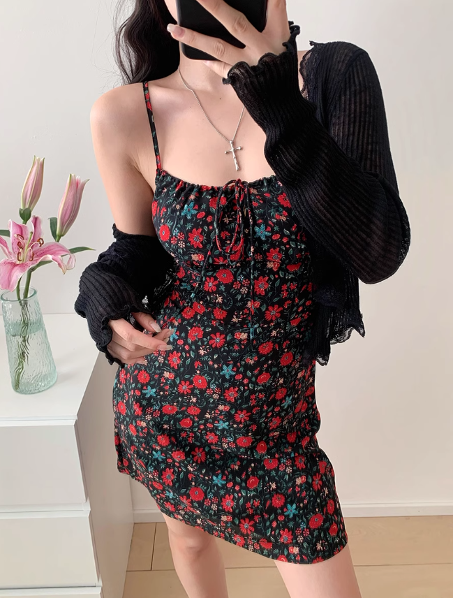 Retro floral suspender dress holiday style dress ED01169