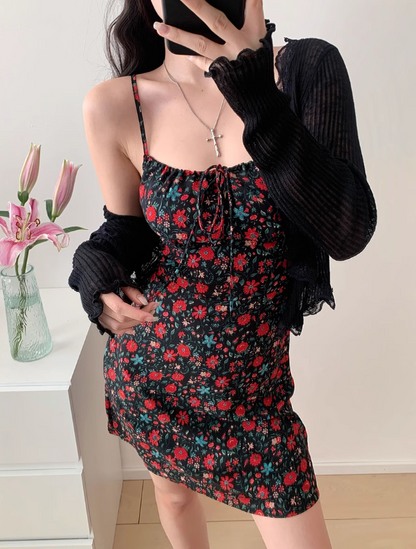 Retro floral suspender dress holiday style dress ED01169
